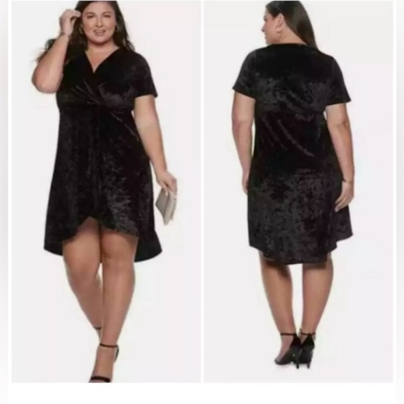 EVRI Crushed Velvet Dress High Low Hem Faux Wrap Surplice Front Short Sleeve - Picture 2 of 4